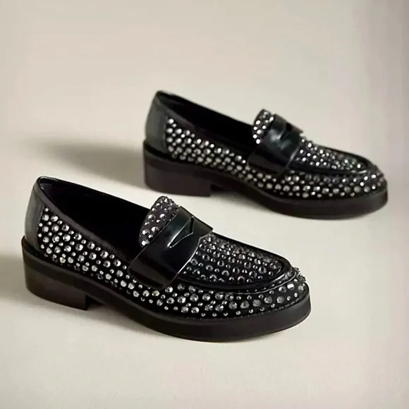 Anthropologie Bibi Lou Jaya Gem Loafers Black Leather Jewels - Picture 3 of 12